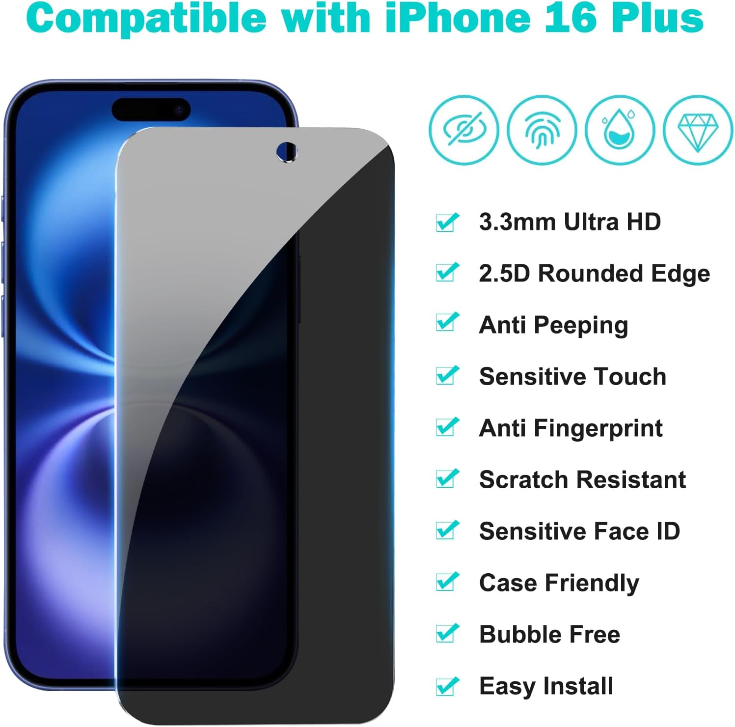 3+3 Pack Privacy Screen Protector for iPhone 16 Plus (6.7")